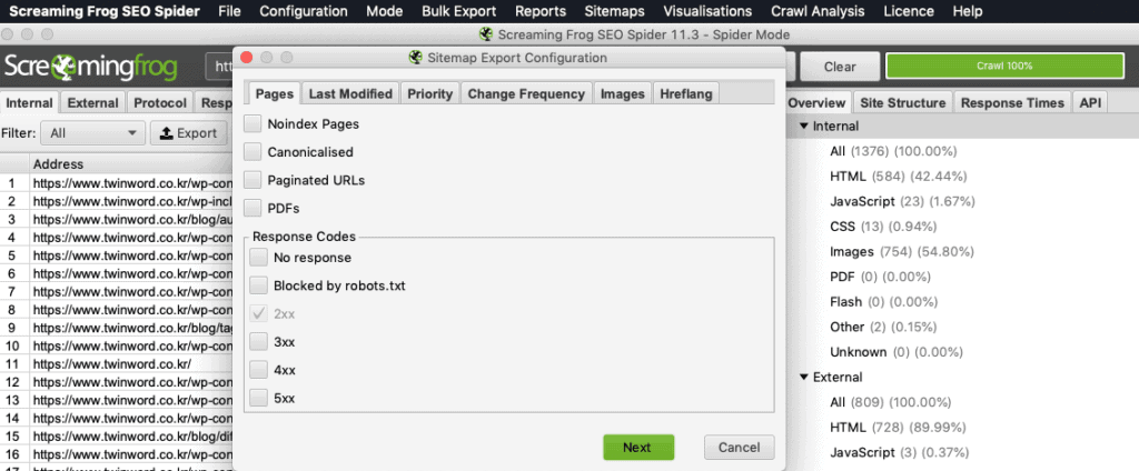 Screaming frog sitemap generation function