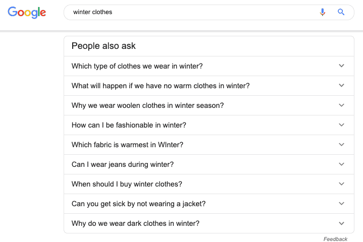 Google PAA for search term winter cloths