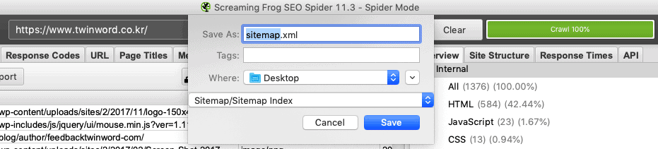 screaming frog sitemap generated