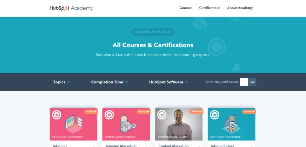 HubSpot Academy 강의 목록 페이지