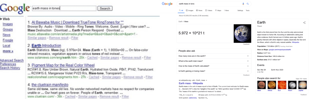 2006년의 구글 검색결과 페이지와 2020년의 구글 검색결과 페이지