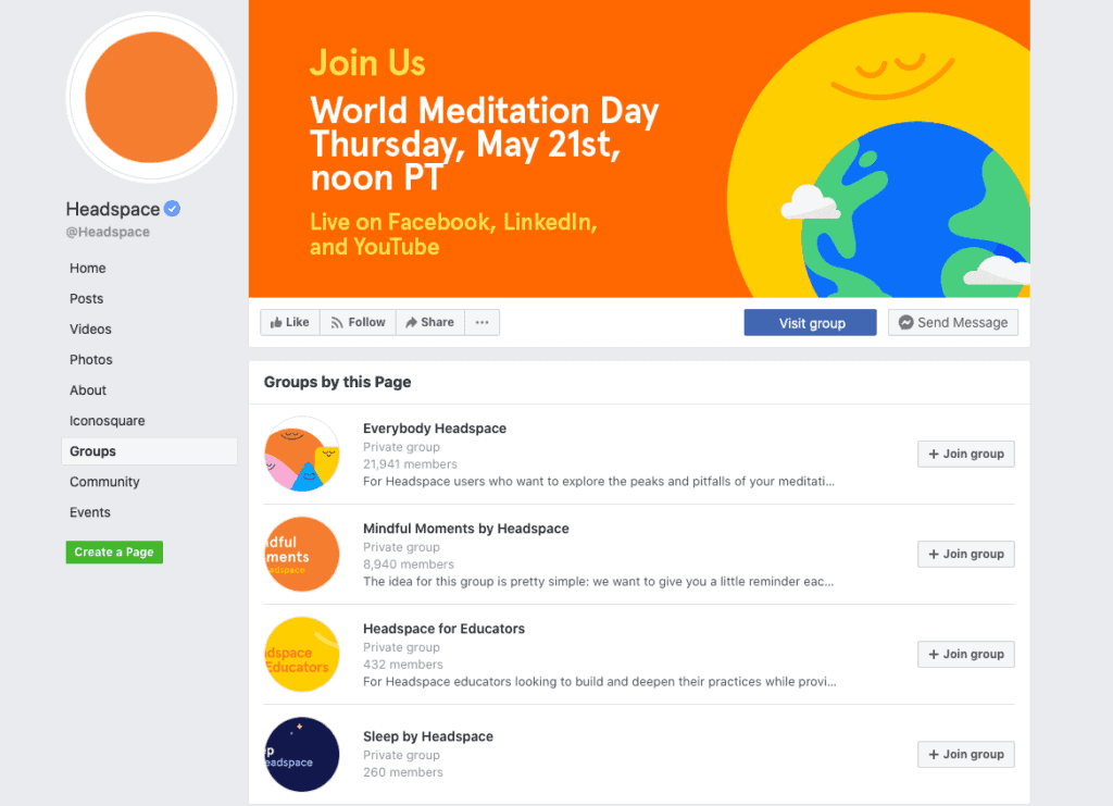 Headspace Facebook private groups