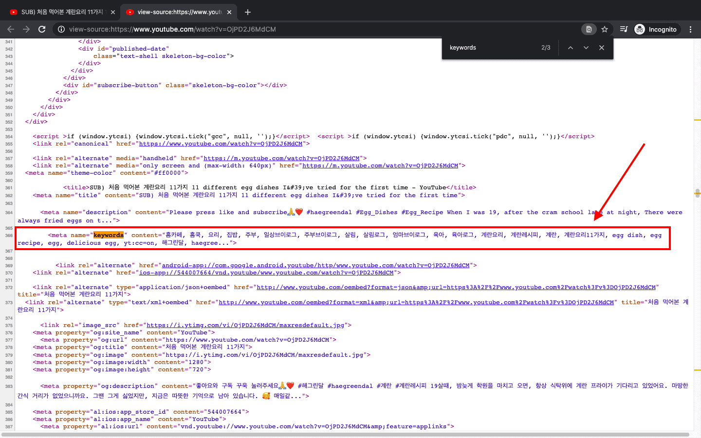 소스 보기를 이용하여 유튜브 태그 확인하기