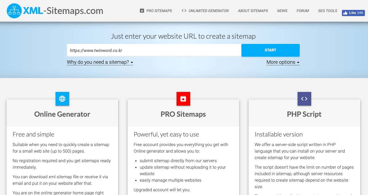 sitemap generator domain input page