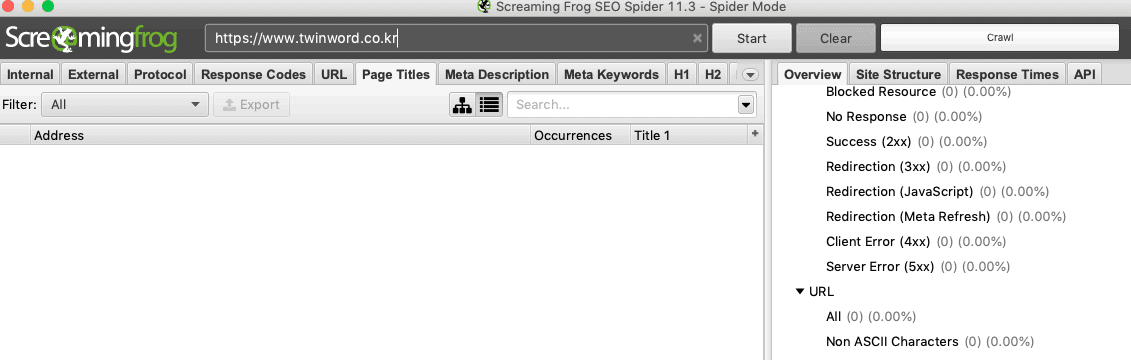 Screaming frog start page with Twinword Korea URL on