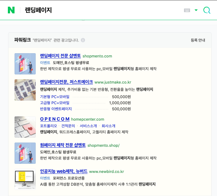 네이버에 '랜딩페이지'를 검색하면 랜딩페이지 제작과 관련된 광고들이 다수 존재함